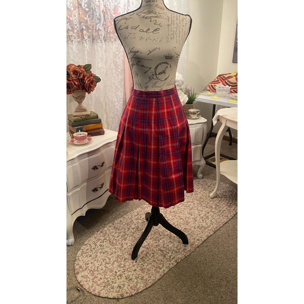 Vintage Red Blue Plaid Pleated Midi Skirt A-Line Tartan Preppy Schoolgirl Style